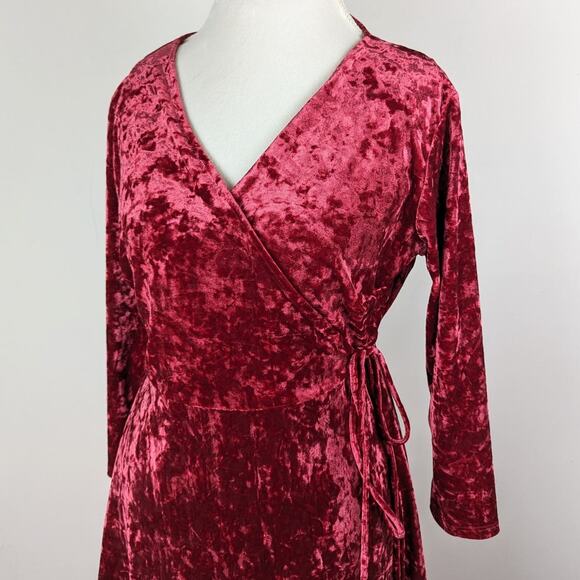 Lulus Shine of Your Life Wine Red Crushed Velvet Wrap Skater Dress Size XL - Picture 3 of 9